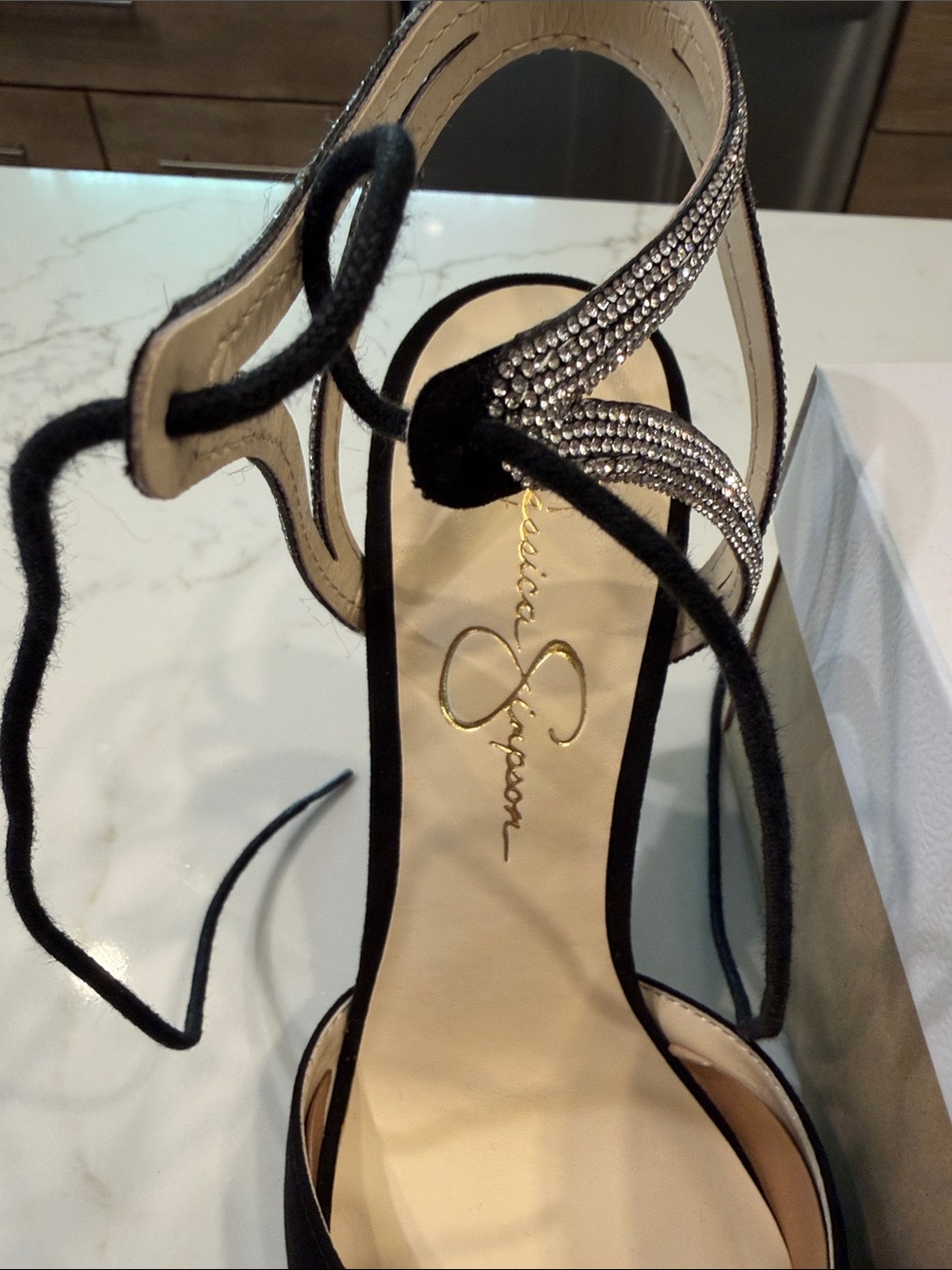 🆕 Jessica Simpson Black Suede Pointed Toe Rhinestone Ankle Tie Heels - Picture 15 of 17